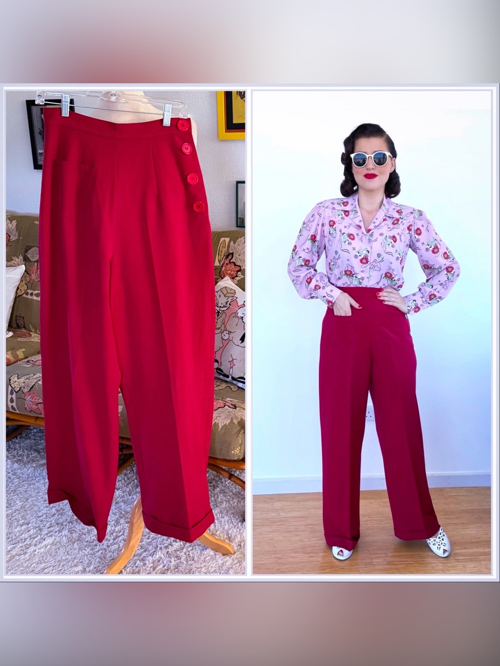 Wide Leg Pants | Retro 1940s style | Dark red | S M | Vivien of Holloway | UK 14